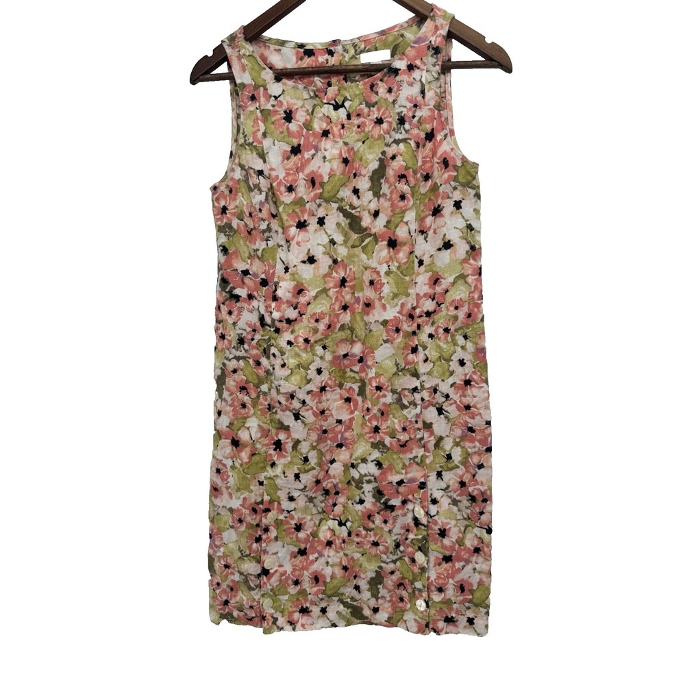 J. Jill Love linen Shift Dress XS Petite Pink Green Floral Cottagecore button